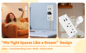 Hot Rotates 180° Electrical Outlet Extender Adjustable Length White Flat Plug Power Strip Power Outlets Extender for NightStand